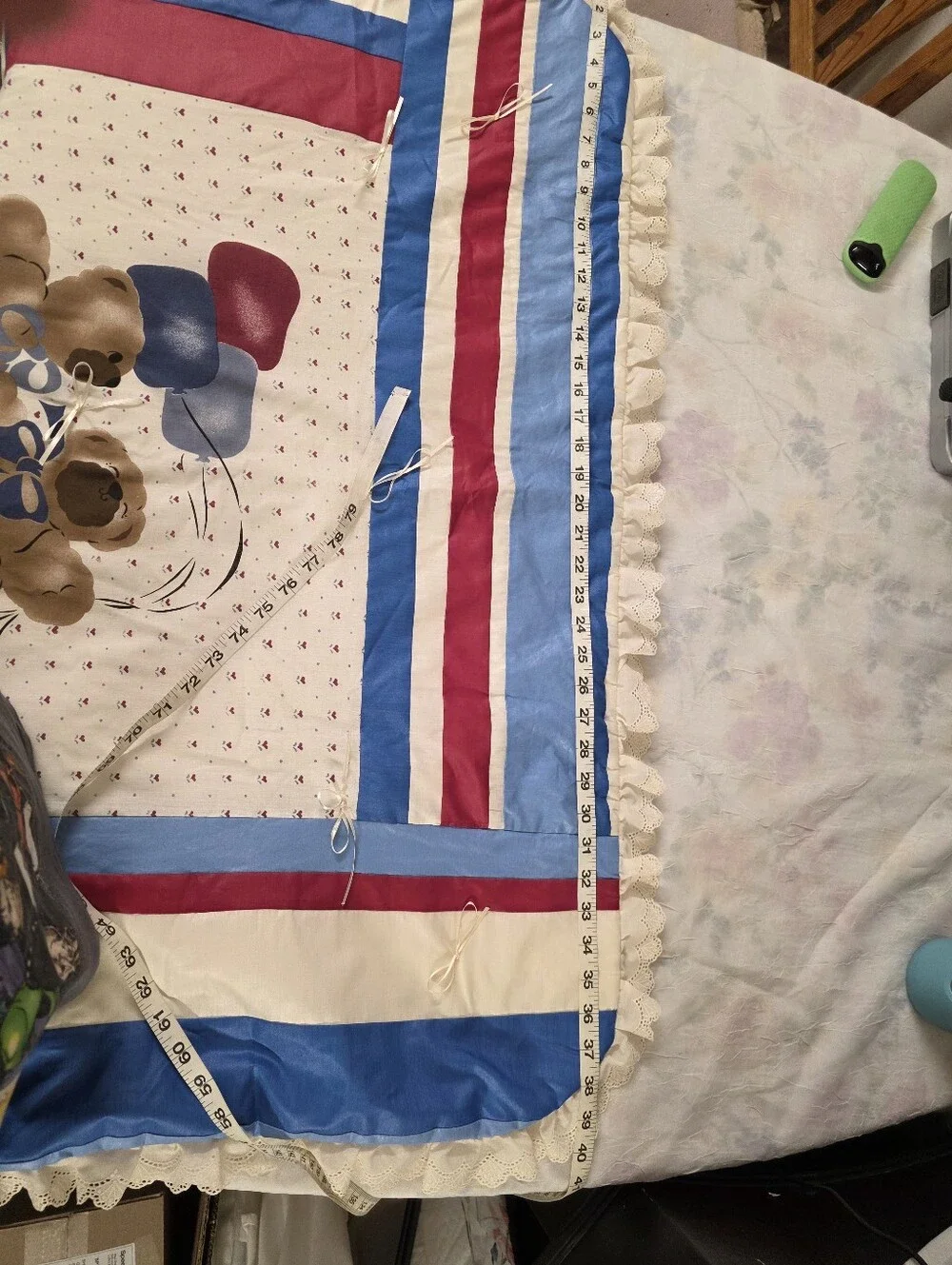 Hand Made Plush Bear Print Baby Blanket in Red, Blue & White